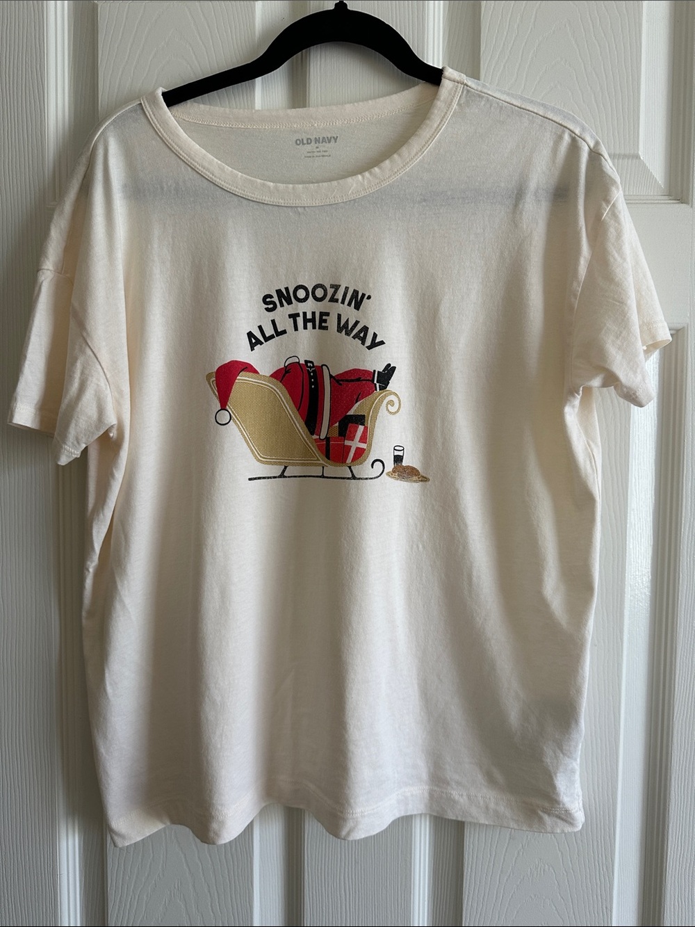 Old Navy Cream Short Sleeve Tee with Red & Gold Sleigh Graphic
